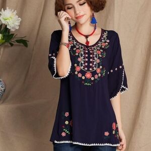 🆕Embroidery Mexican Bohemian Cotton Top Shirt Tunic Blouse